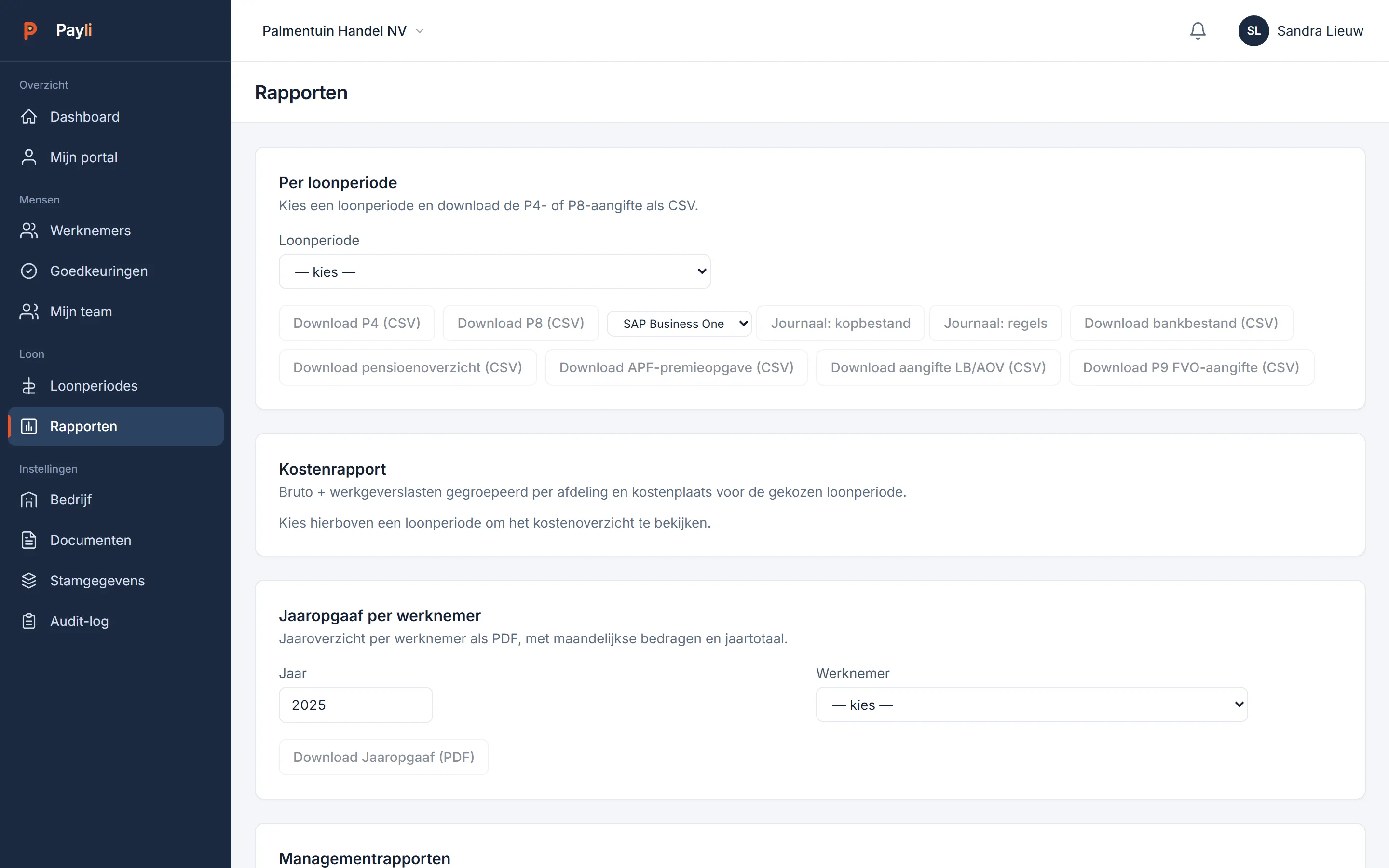 Rapportenscherm met P4, P8, journaal, bankbestand, pensioenoverzicht, APF-premieopgave en jaaropgaaf